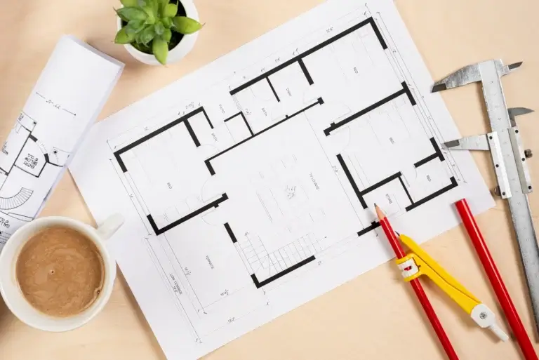 Top view architectural plan on desk